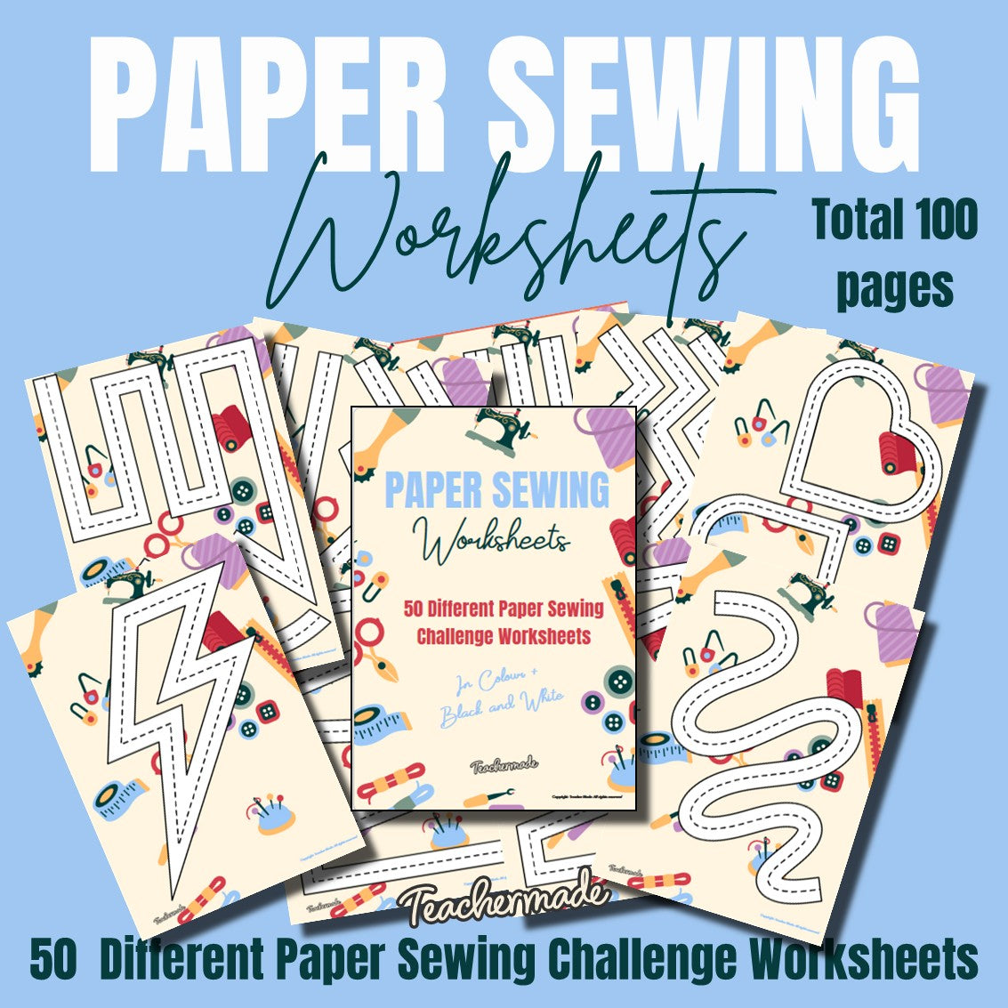 Paper Sewing Practice Worksheets for Beginners | 50 Printable Sewing Machine Line Practice Sheets for Students