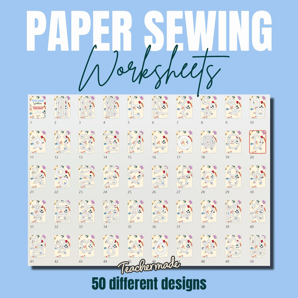 Paper Sewing Practice Worksheets for Beginners | 50 Printable Sewing Machine Line Practice Sheets for Students
